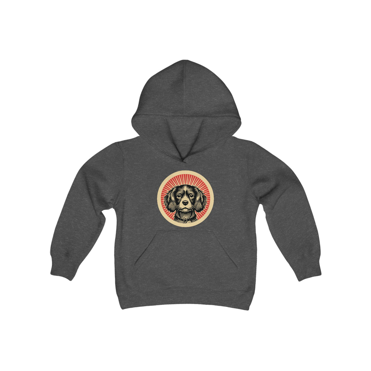 Cavachon badge art in a ring of red rays on a kids' hoodie