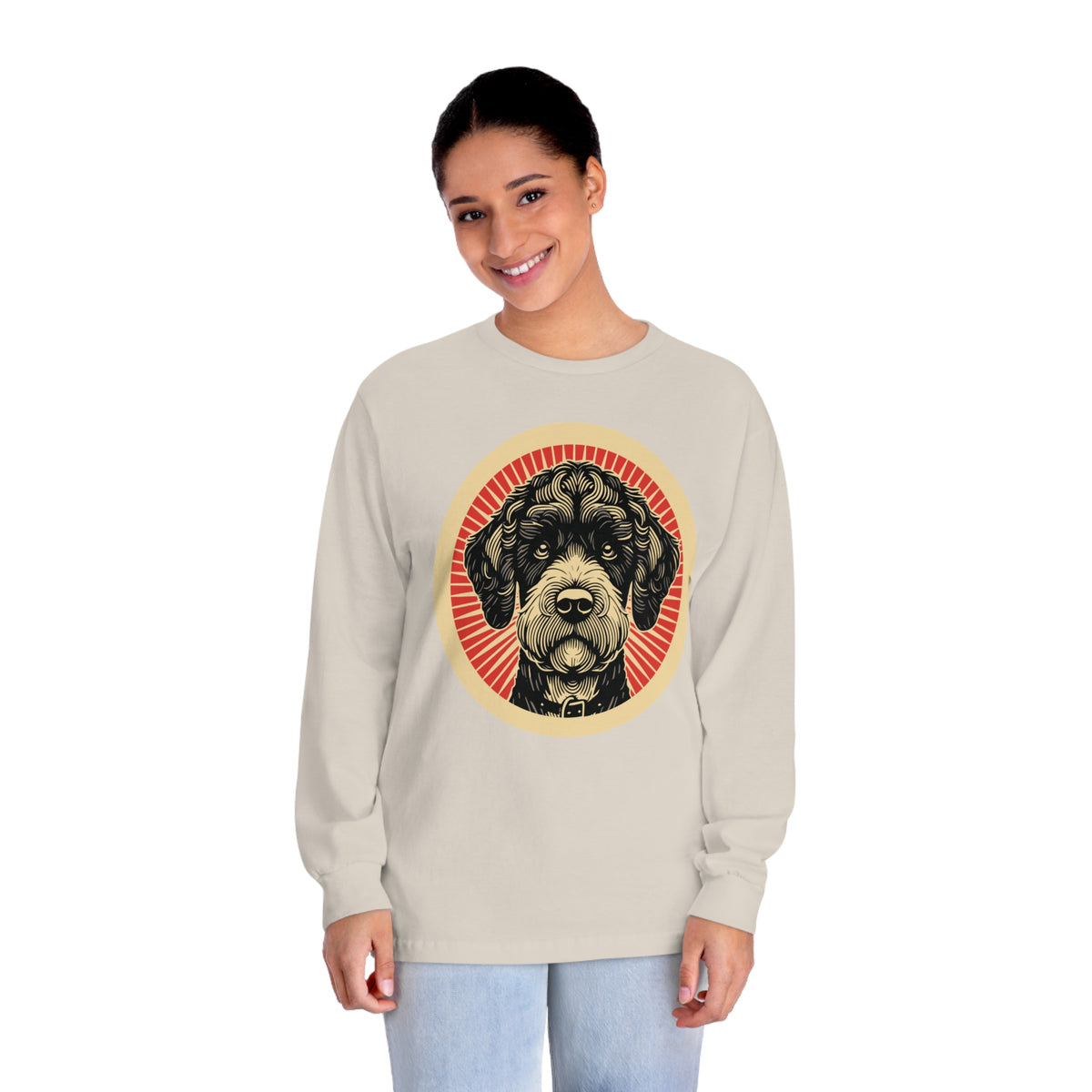 Boxerdoodle badge art in a ring of red rays on a long-sleeve tee