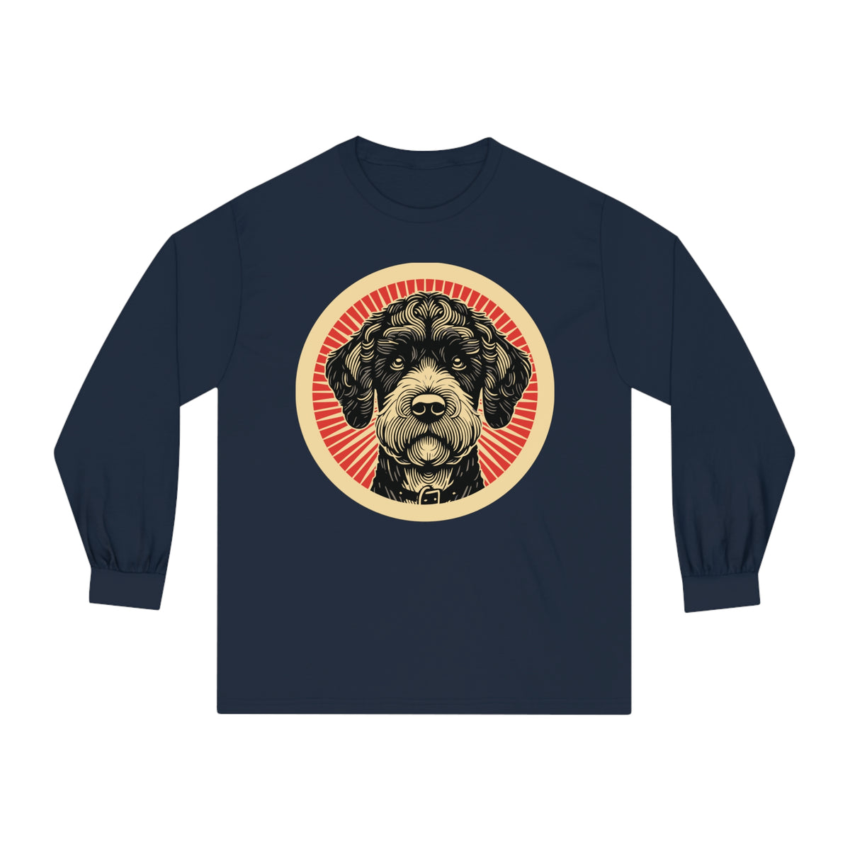 Boxerdoodle badge art in a ring of red rays on a long-sleeve tee