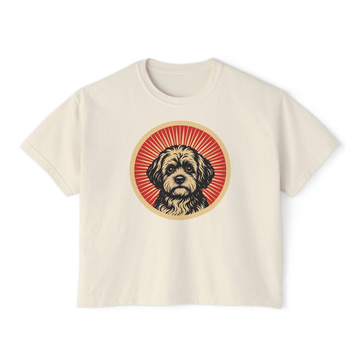 Shihpoo badge art in a ring of red rays on a boxy tee