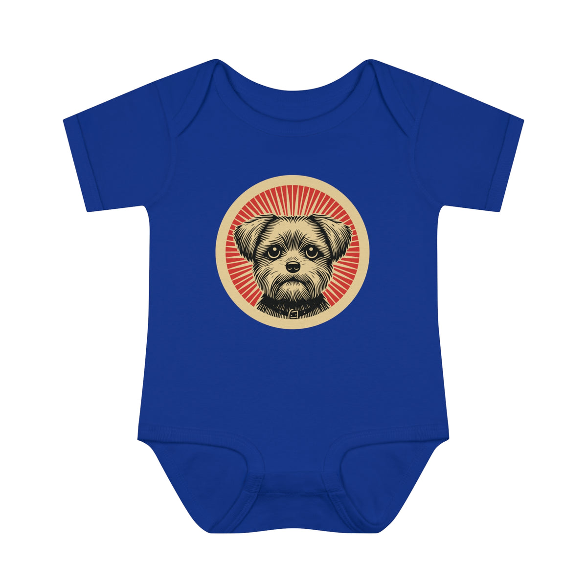 Shorkie badge art in a ring of red rays on a baby bodysuit