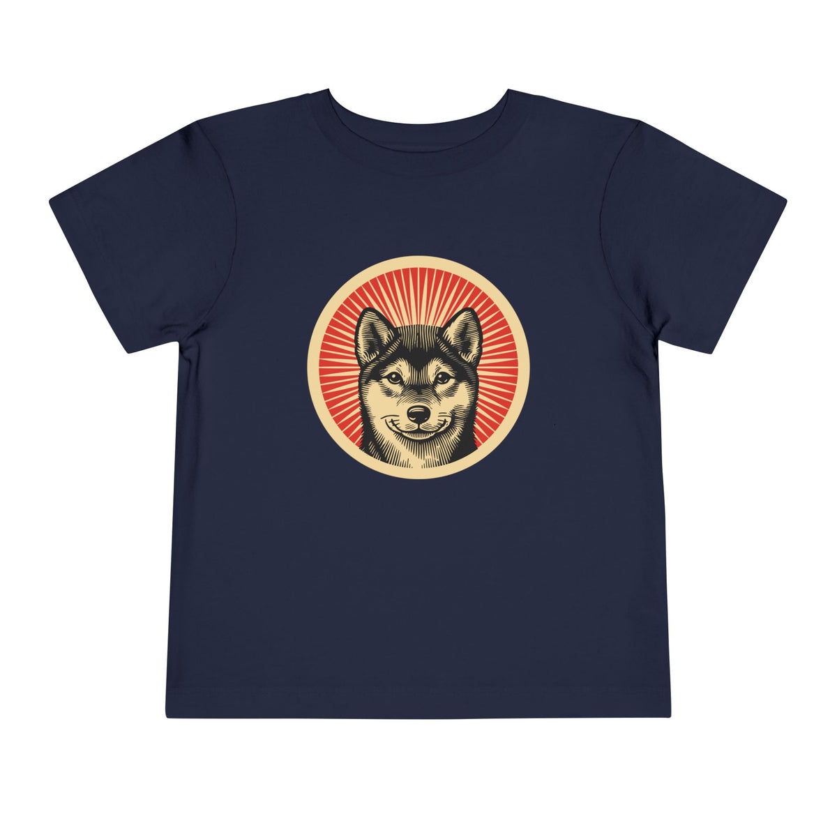 Shiba Inu badge art in a ring of red rays on a toddler tee