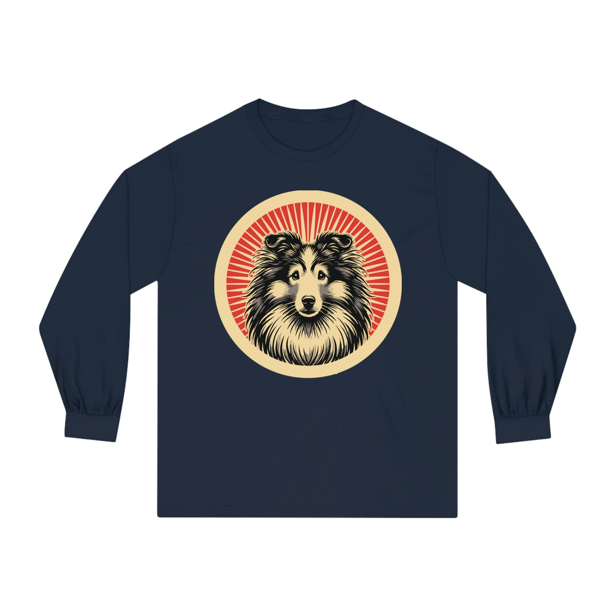 Shetland Sheepdog badge art in a ring of red rays on a long-sleeve tee