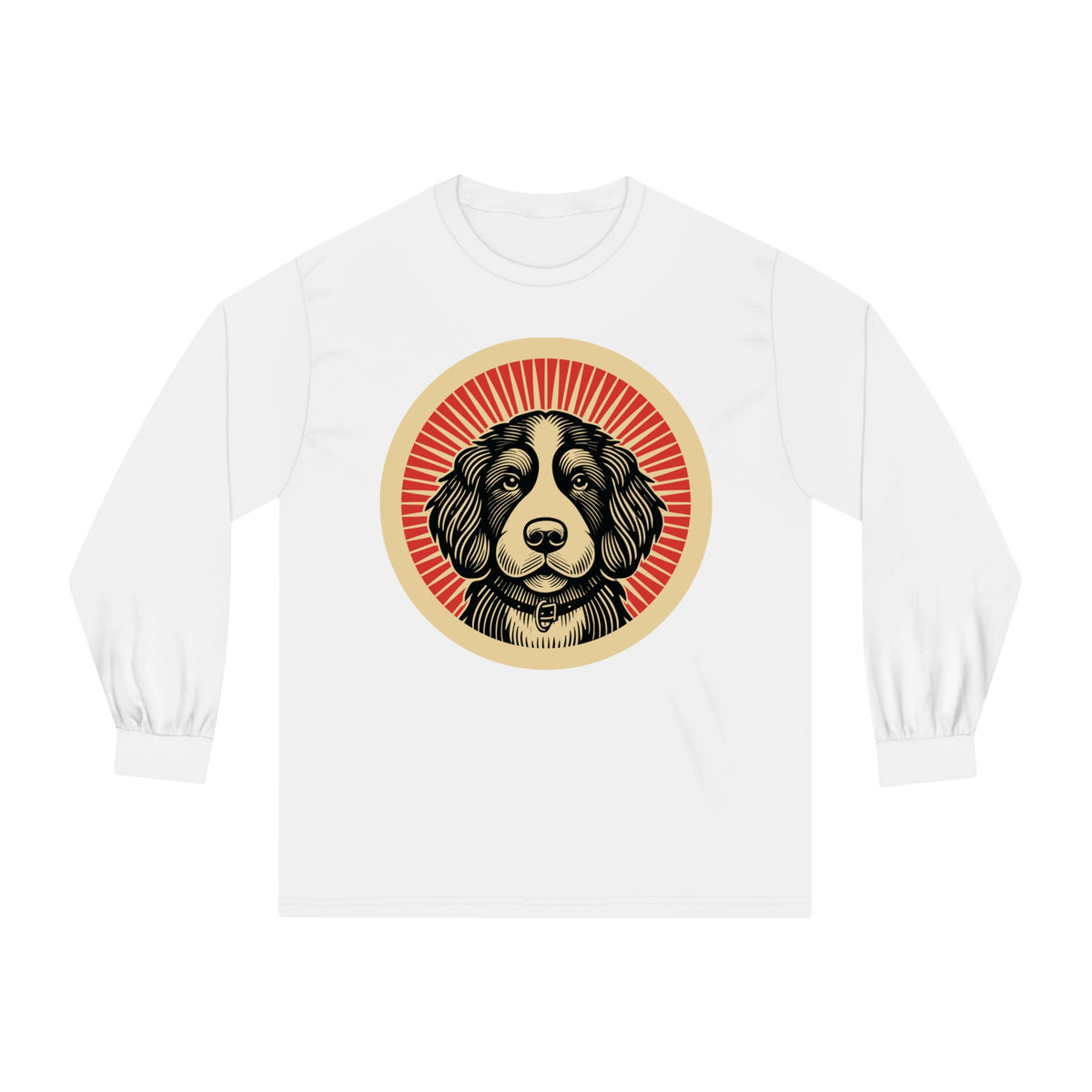 Bernedoodle badge art in a ring of red rays on a long-sleeve tee