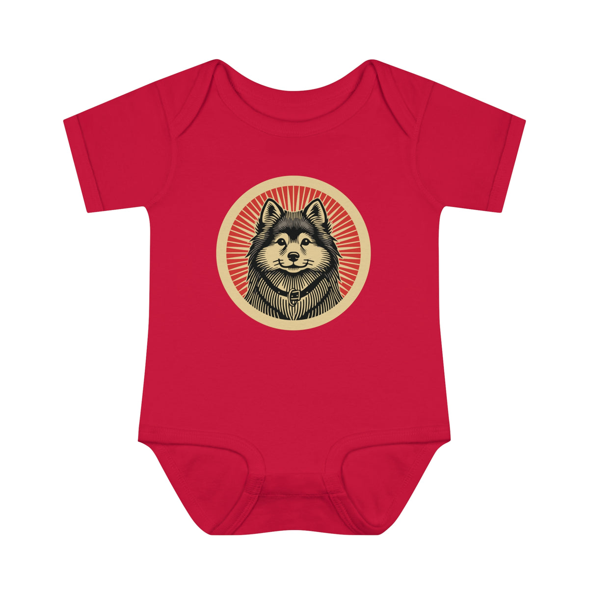 Finnish Spitz badge art in a ring of red rays on a baby bodysuit