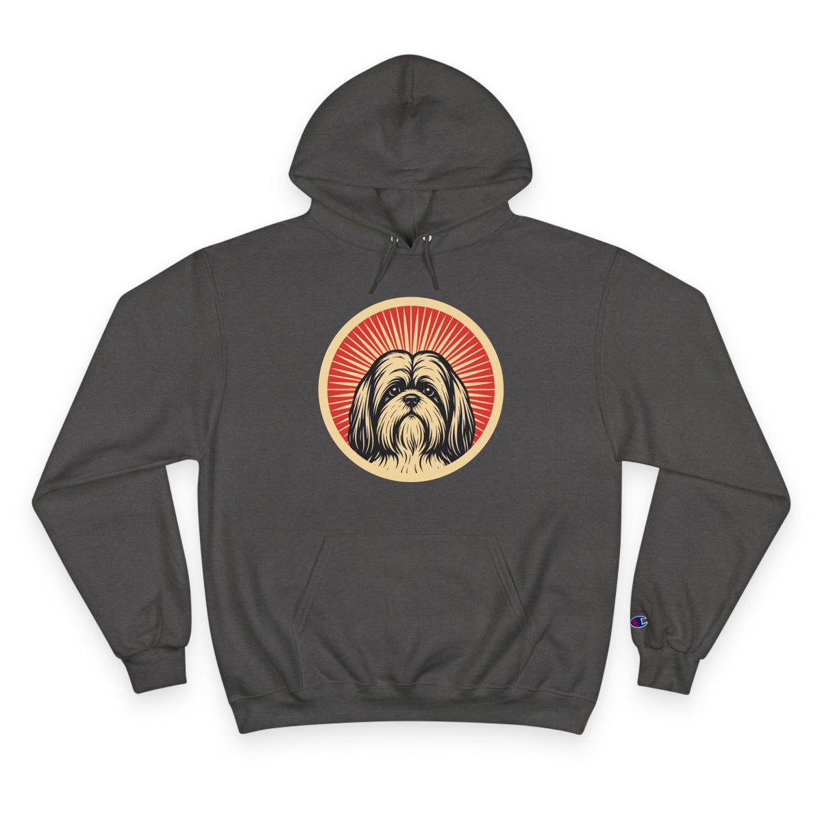Lhasa Apso badge art in a ring of red rays on a champion hoodie