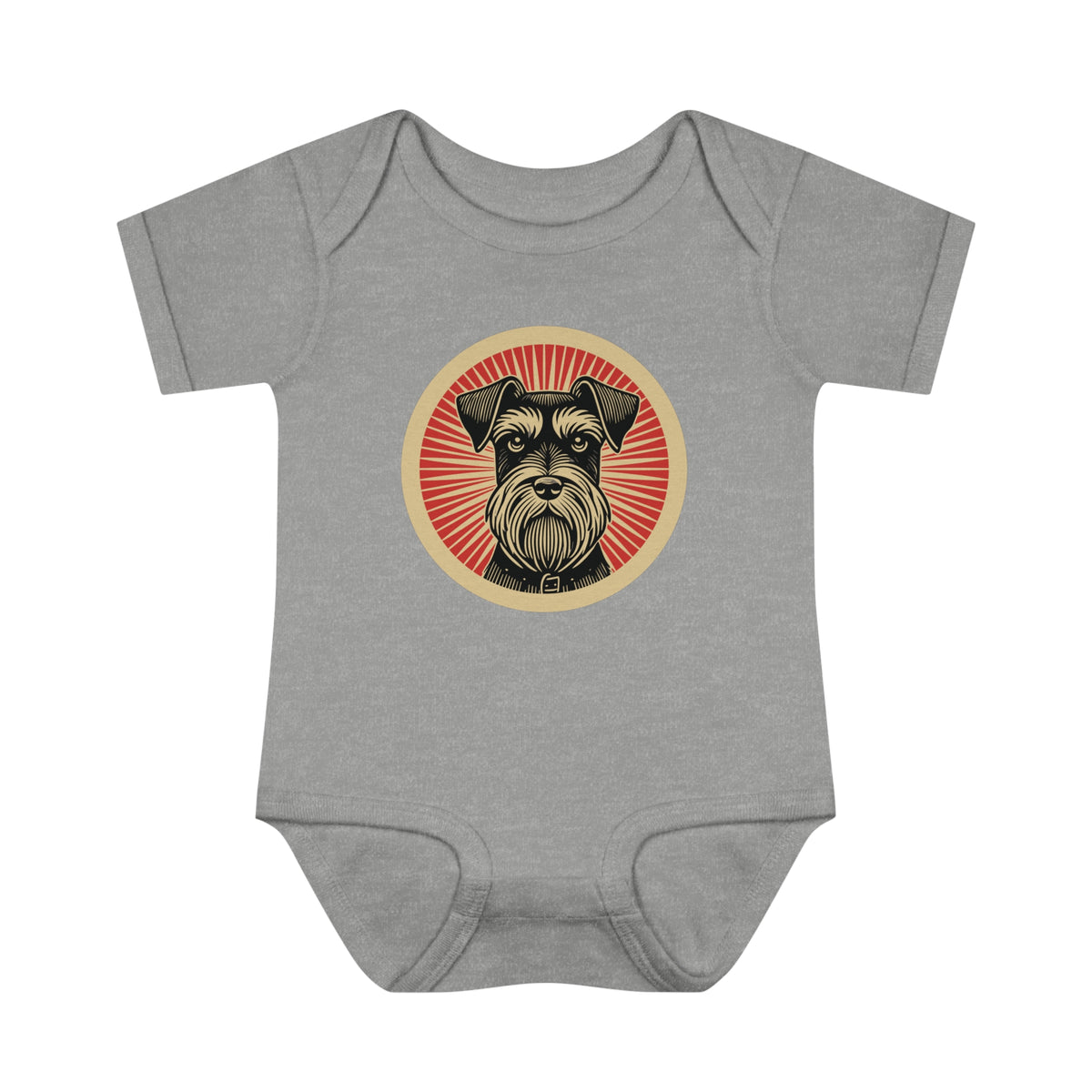 Miniature Schnauzer badge art in a ring of red rays on a baby bodysuit