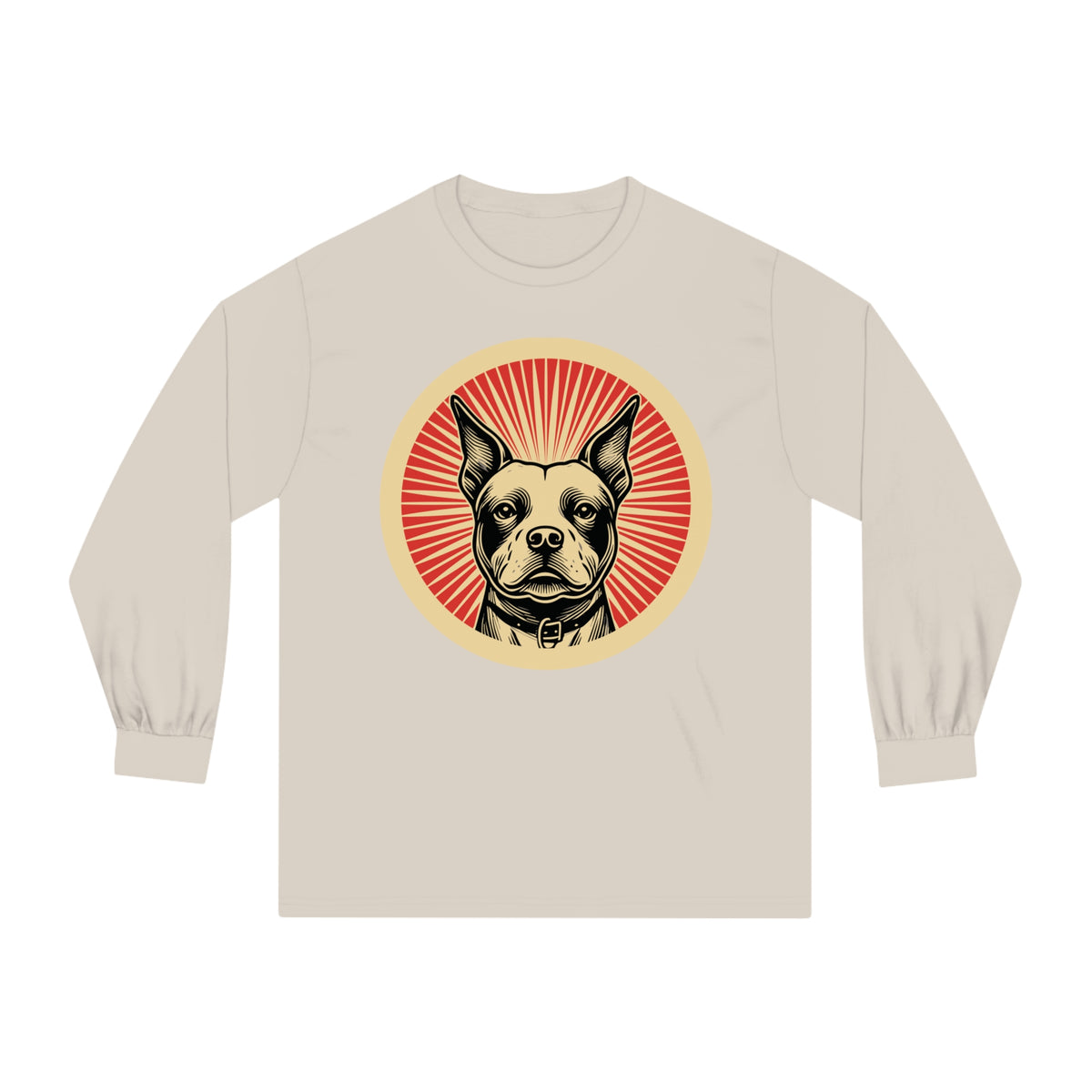 Staffordshire Bull Terrier badge art in a ring of red rays on a long-sleeve tee