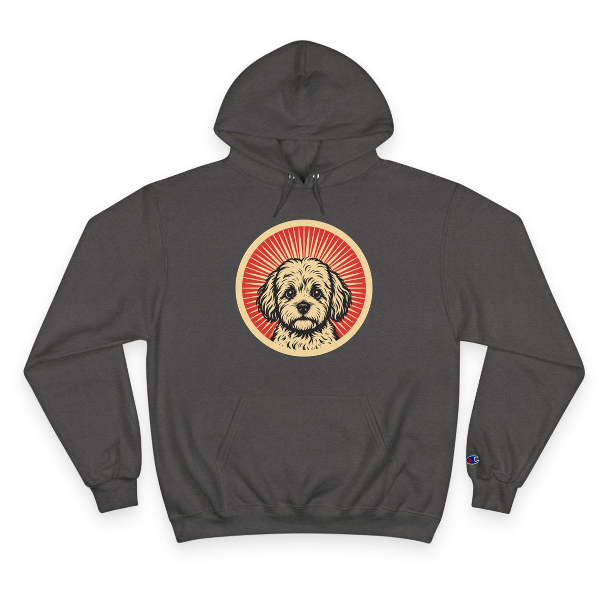 Maltipoo badge art in a ring of red rays on a champion hoodie