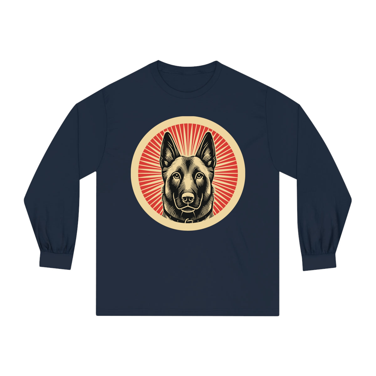 Belgian Malinois badge art in a ring of red rays on a long-sleeve tee