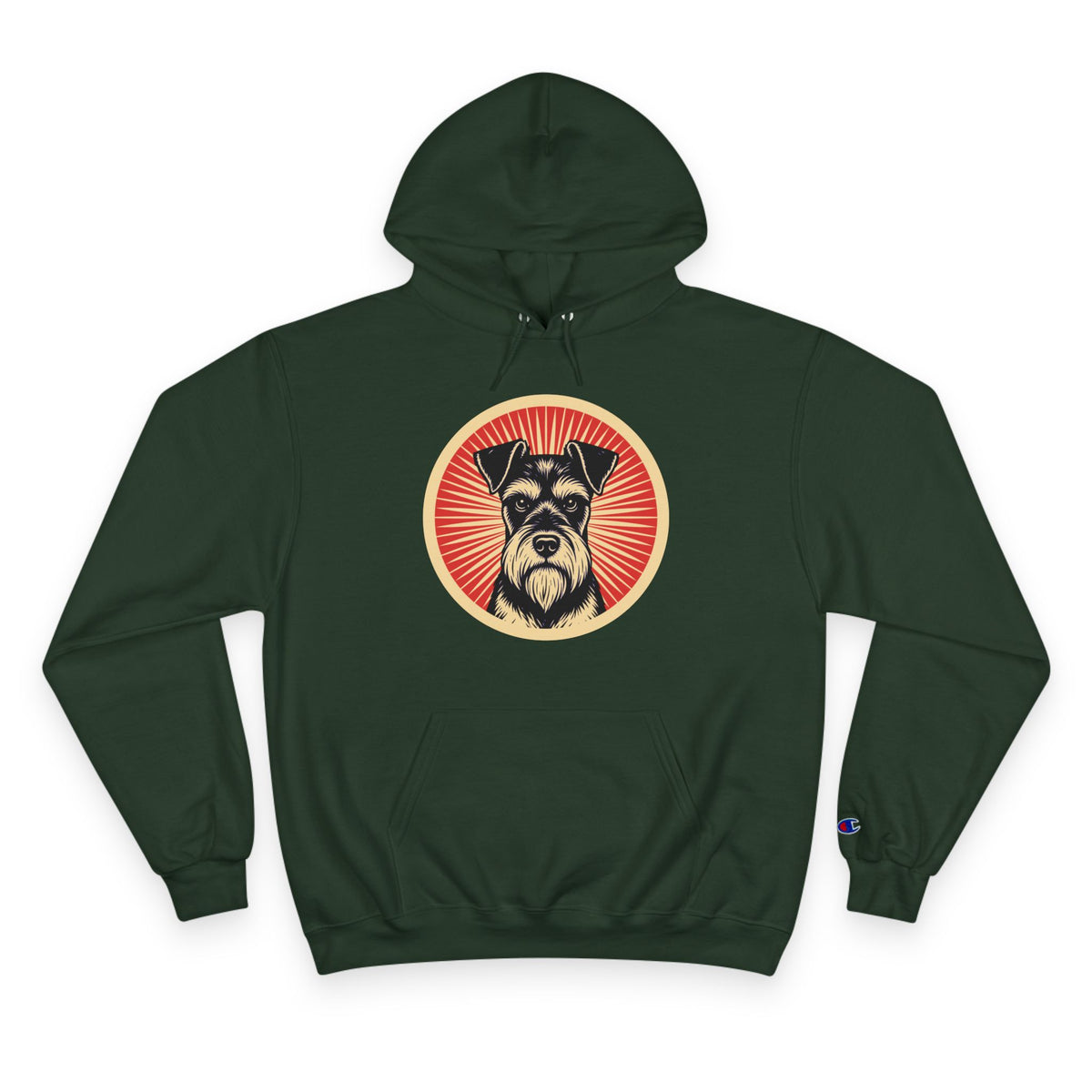 Standard Schnauzer badge art in a ring of red rays on a champion hoodie