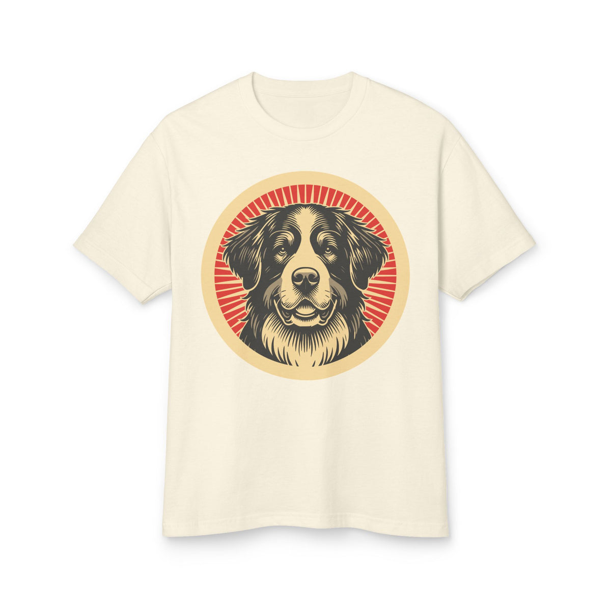 Bernese Mountain Dog badge art in a ring of red rays on a heavyweight tee