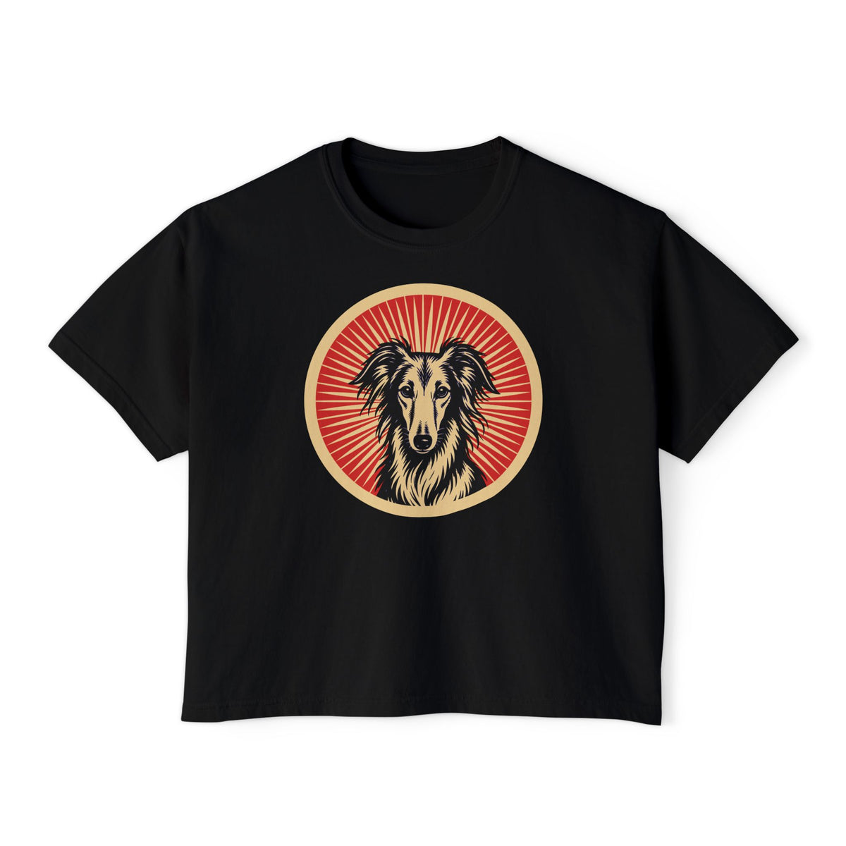 Silken Windhound badge art in a ring of red rays on a boxy tee