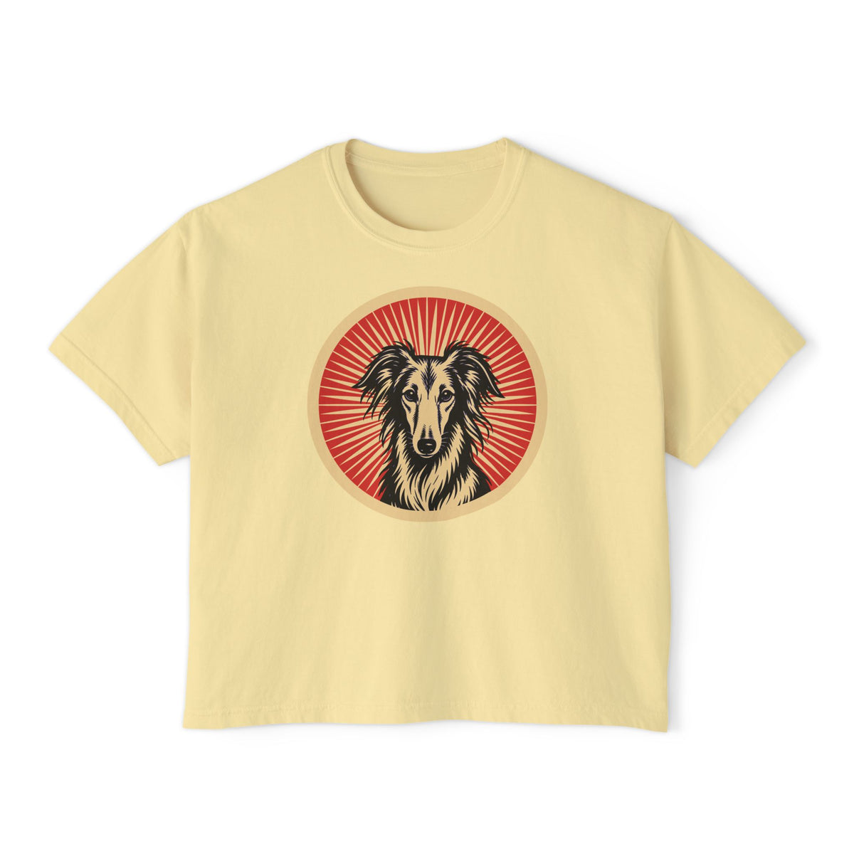 Silken Windhound badge art in a ring of red rays on a boxy tee