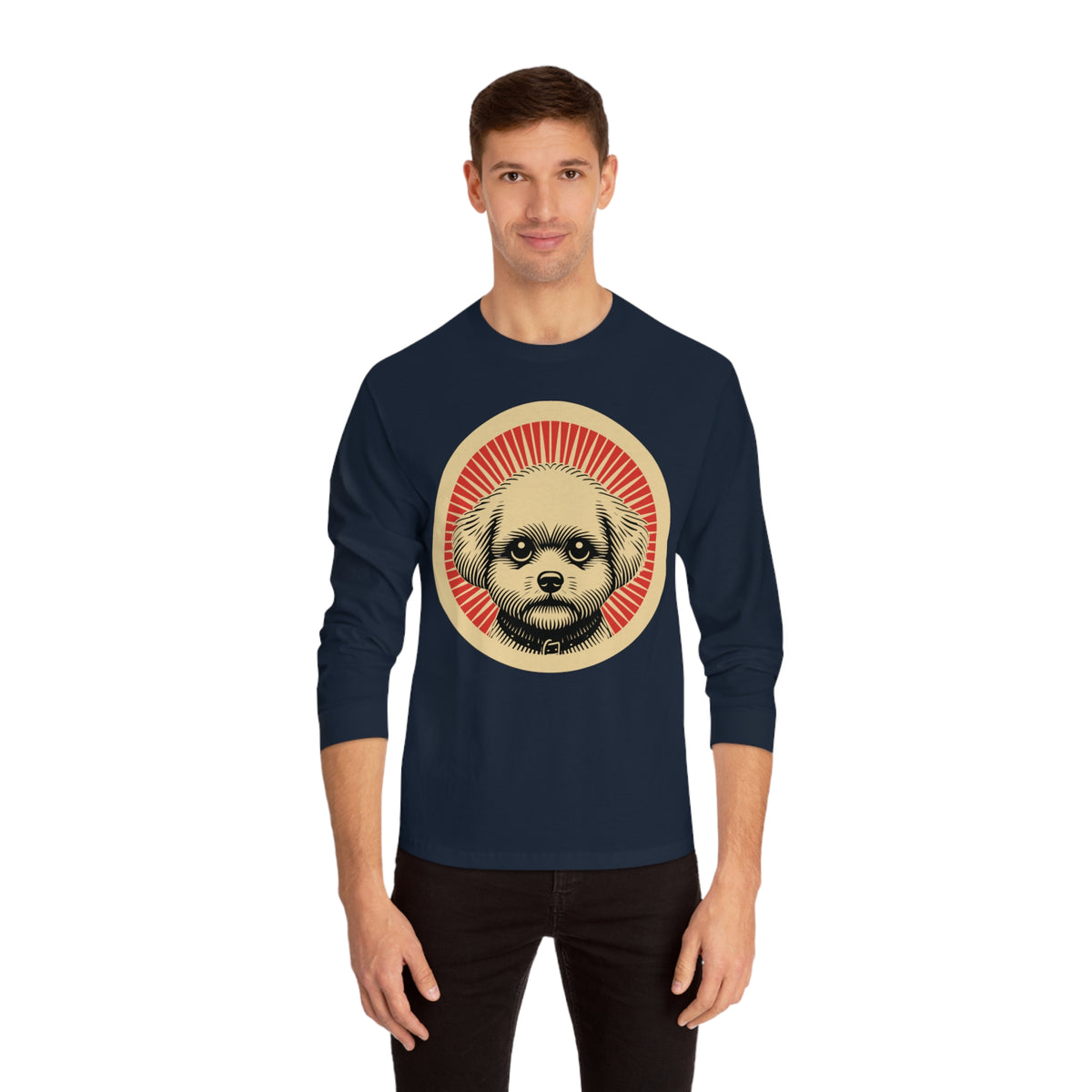 Bichon Frise badge art in a ring of red rays on a long-sleeve tee
