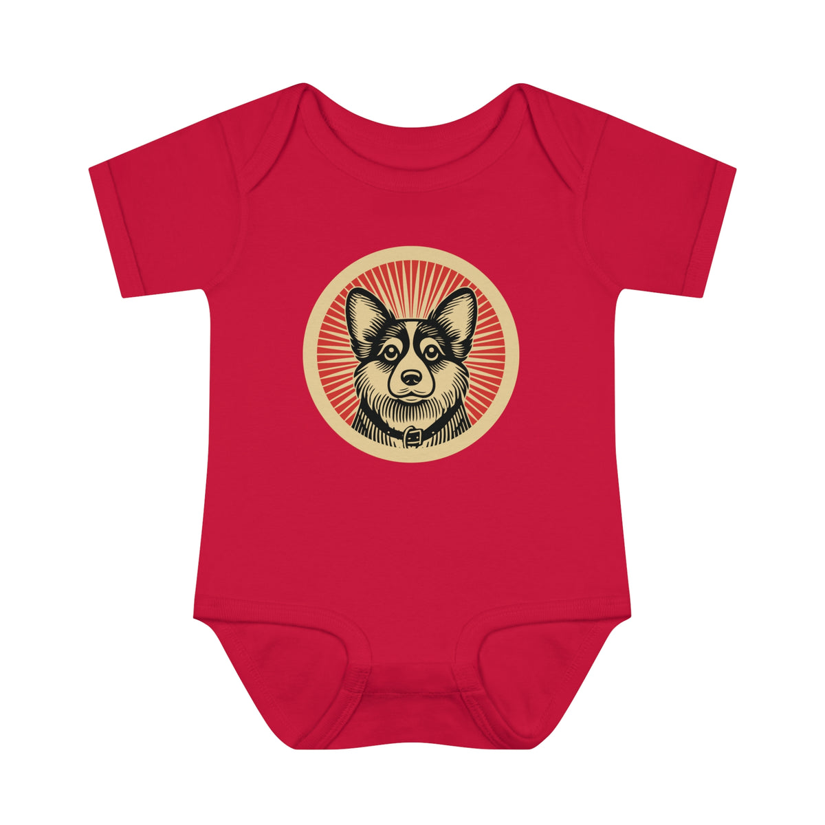 Corgipoo badge art in a ring of red rays on a baby bodysuit