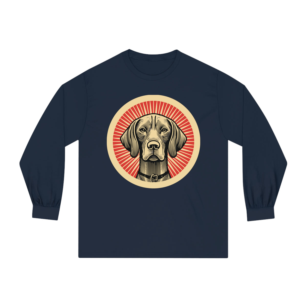 Vizsla badge art in a ring of red rays on a long-sleeve tee