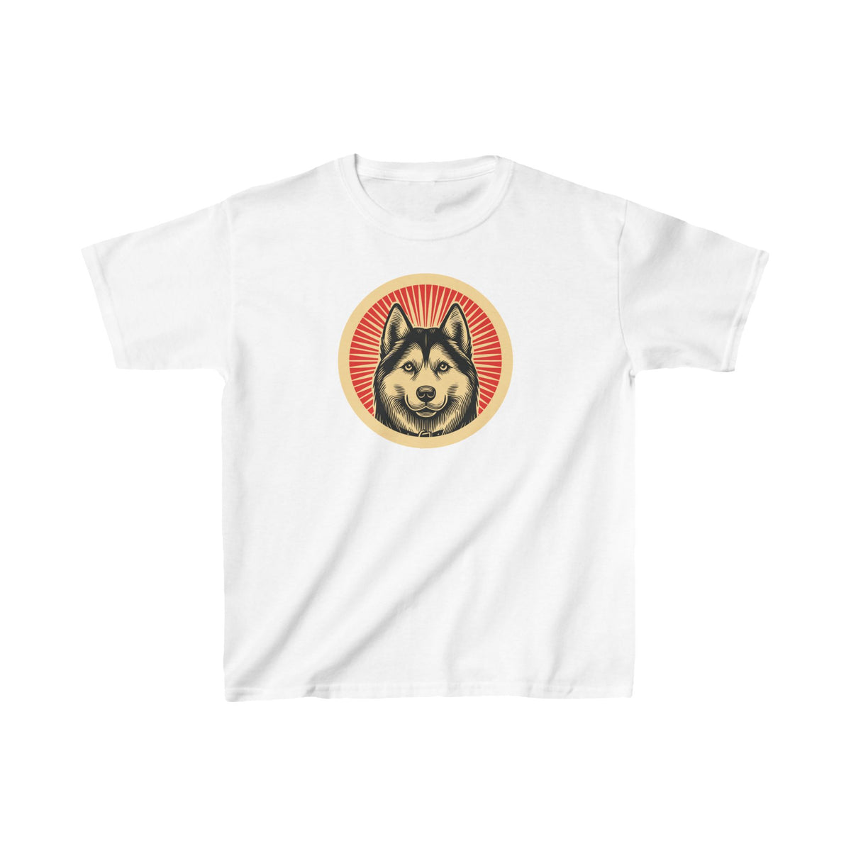 Siberian Husky badge art in a ring of red rays on a kids' tee
