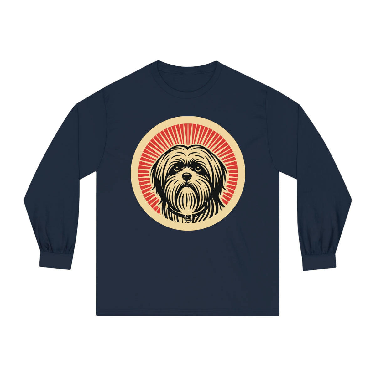 Lhasa Apso badge art in a ring of red rays on a long-sleeve tee