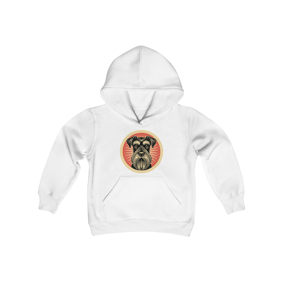 Standard Schnauzer badge art in a ring of red rays on a kids' hoodie