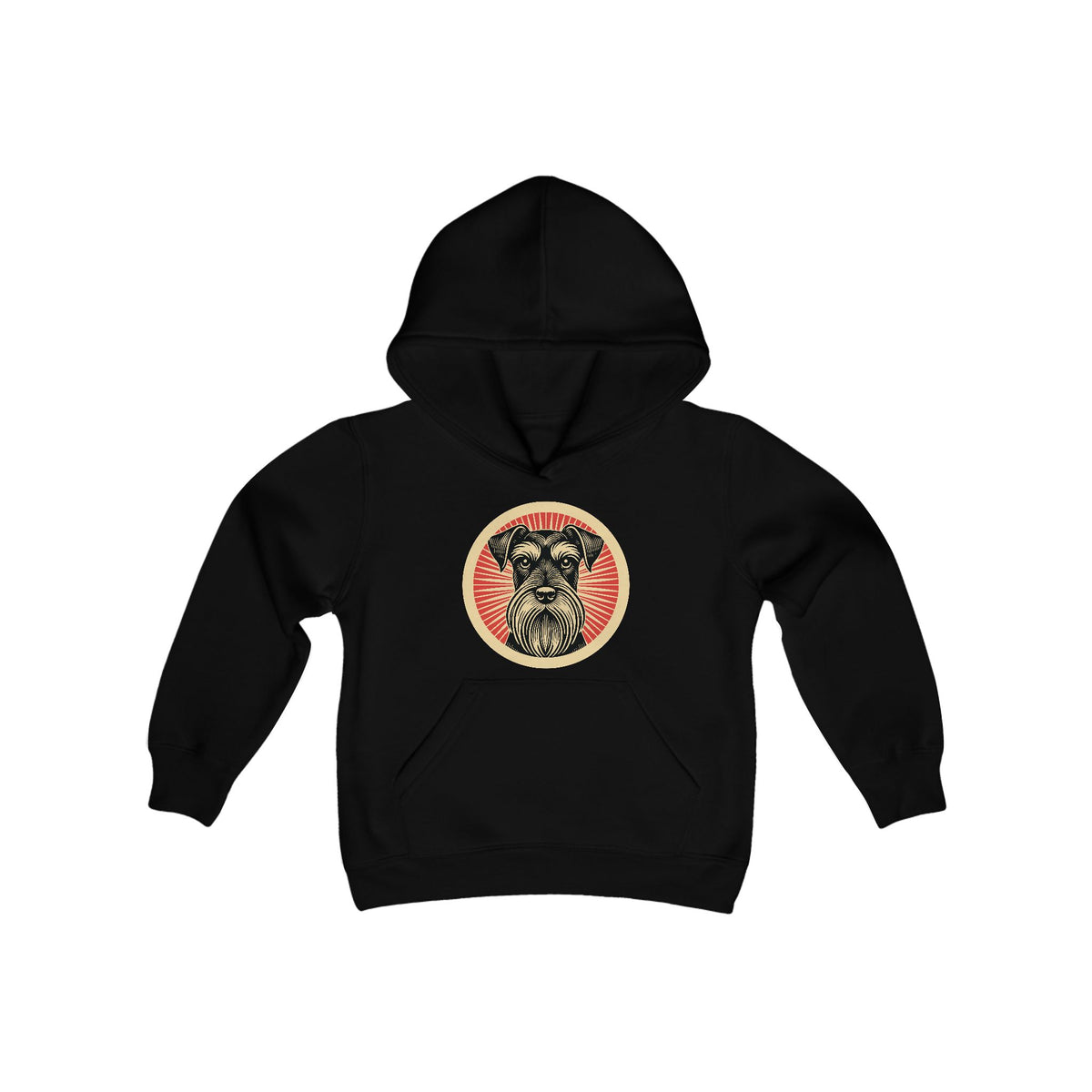 Standard Schnauzer badge art in a ring of red rays on a kids' hoodie