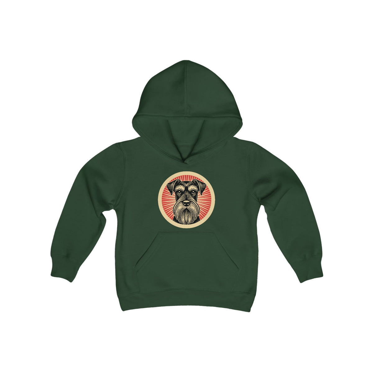 Standard Schnauzer badge art in a ring of red rays on a kids' hoodie
