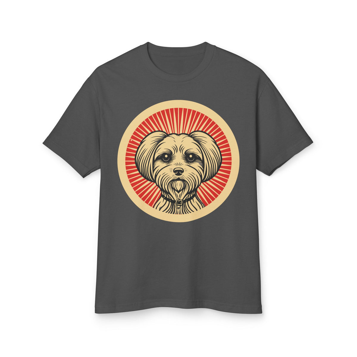 Maltese badge art in a ring of red rays on a heavyweight tee