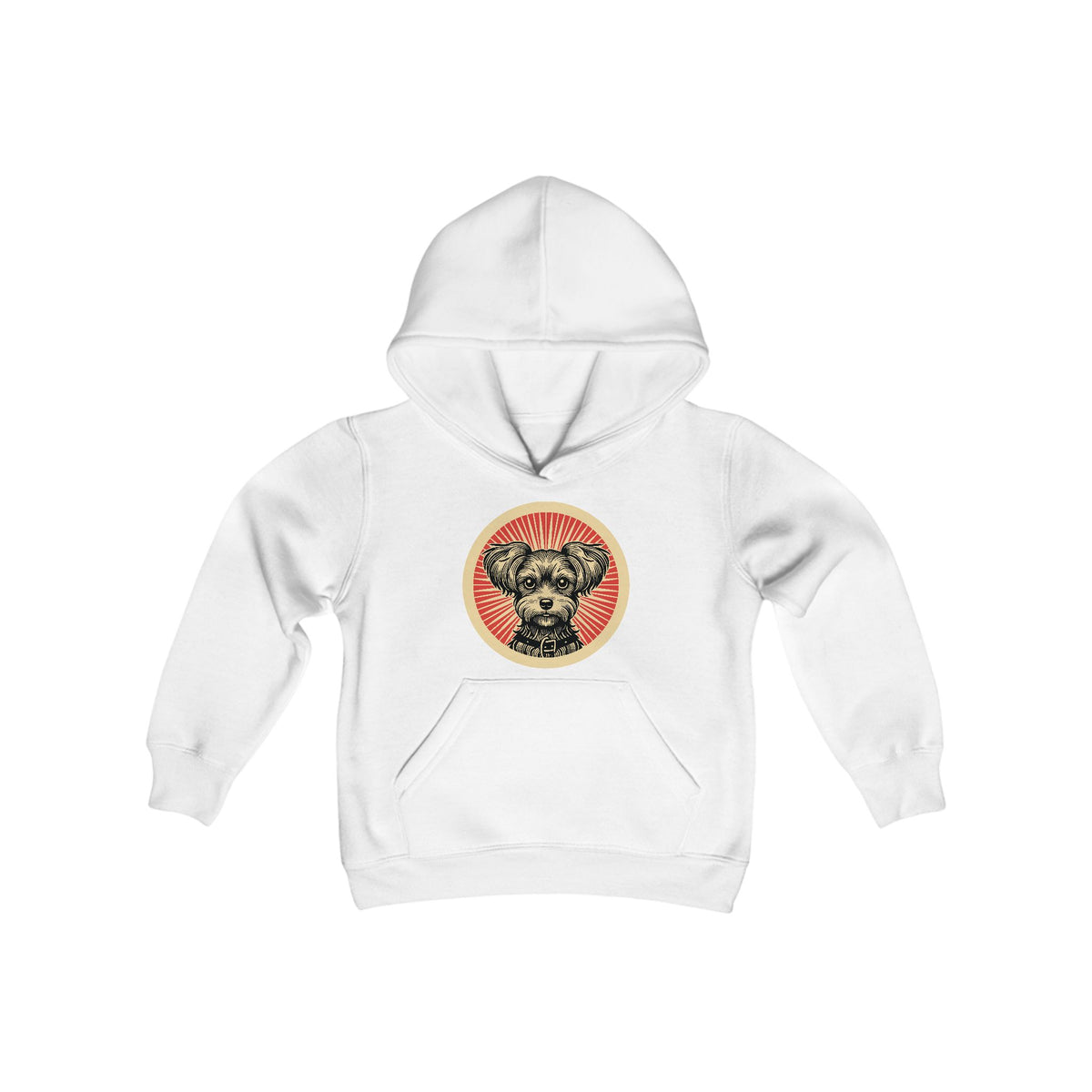 Yorkipoo badge art in a ring of red rays on a kids' hoodie
