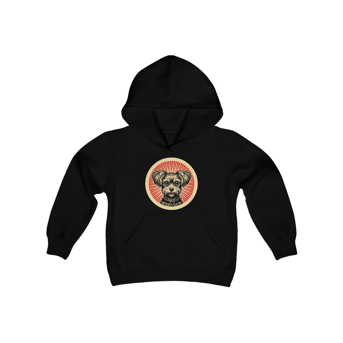 Yorkipoo badge art in a ring of red rays on a kids' hoodie