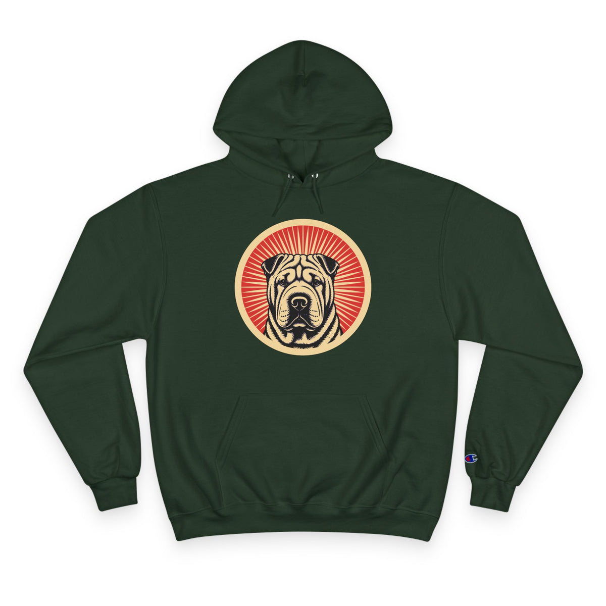 Chinese Shar-Pei badge art in a ring of red rays on a champion hoodie