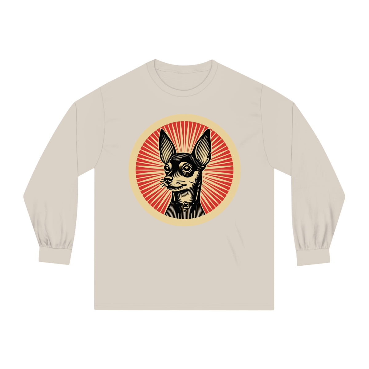 Miniature Pinscher badge art in a ring of red rays on a long-sleeve tee