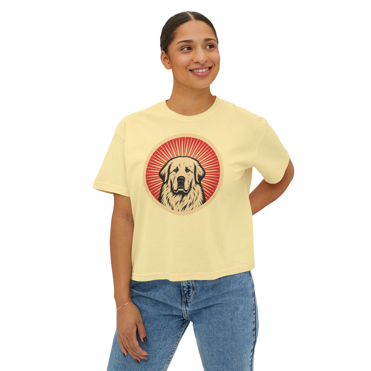 Great Pyrenees badge art in a ring of red rays on a boxy tee