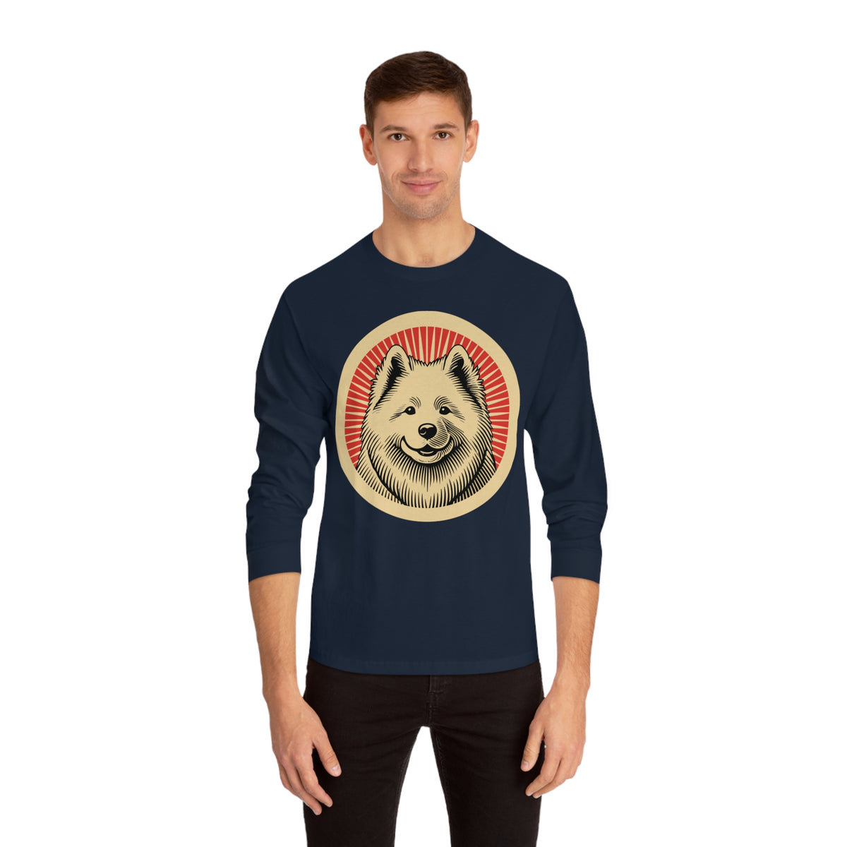 Samoyed badge art in a ring of red rays on a long-sleeve tee