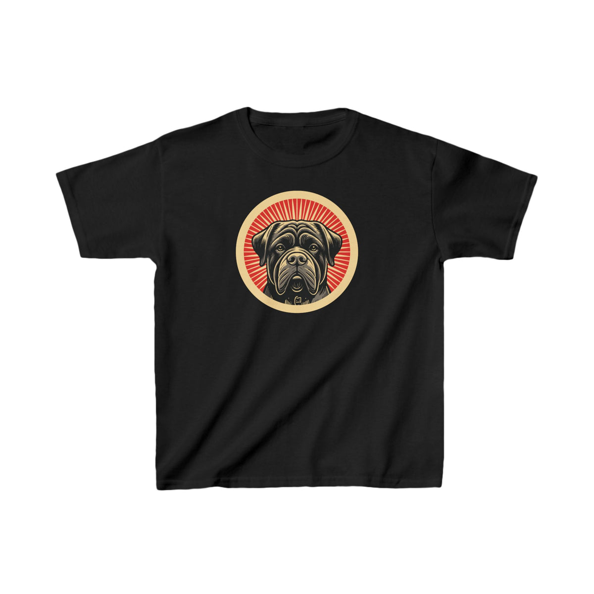 Bullmastiff badge art in a ring of red rays on a kids' tee
