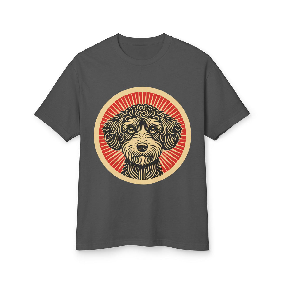 Schnoodle badge art in a ring of red rays on a heavyweight tee