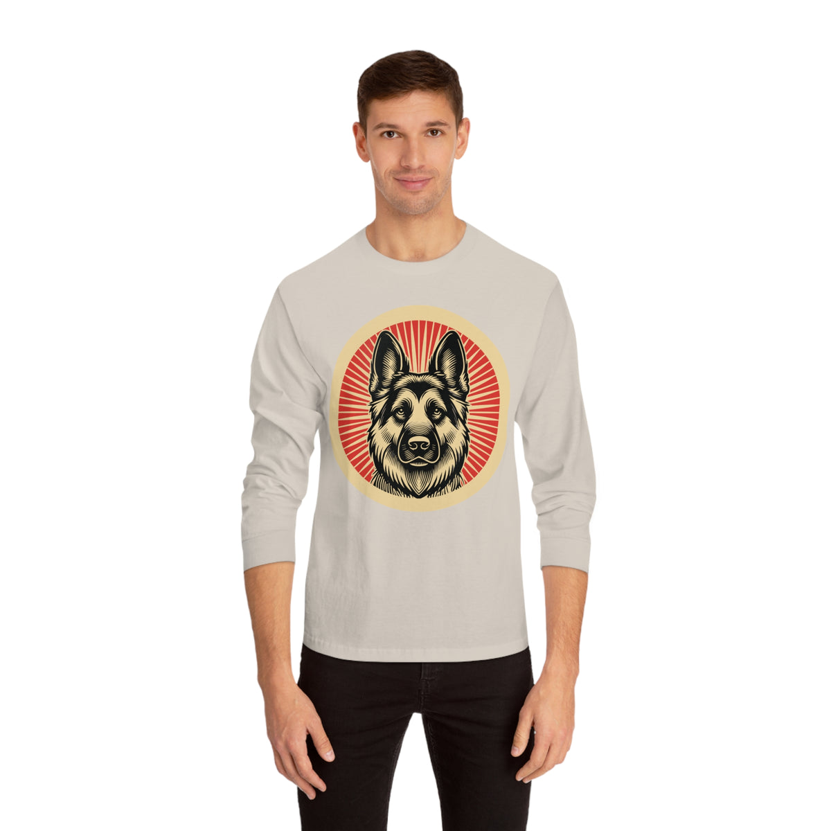 German Shepherd badge art in a ring of red rays on a long-sleeve tee