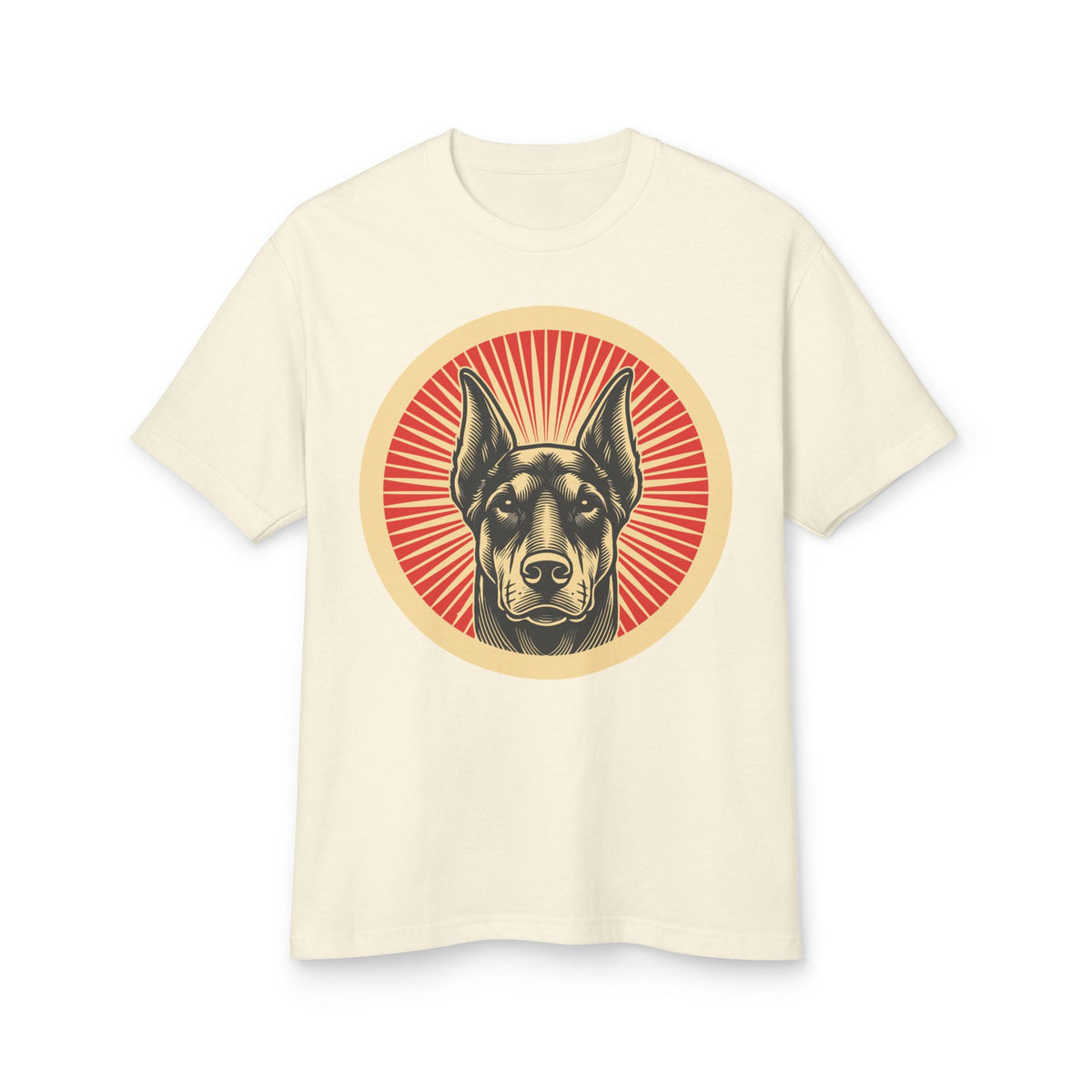 Doberman Pinscher badge art in a ring of red rays on a heavyweight tee