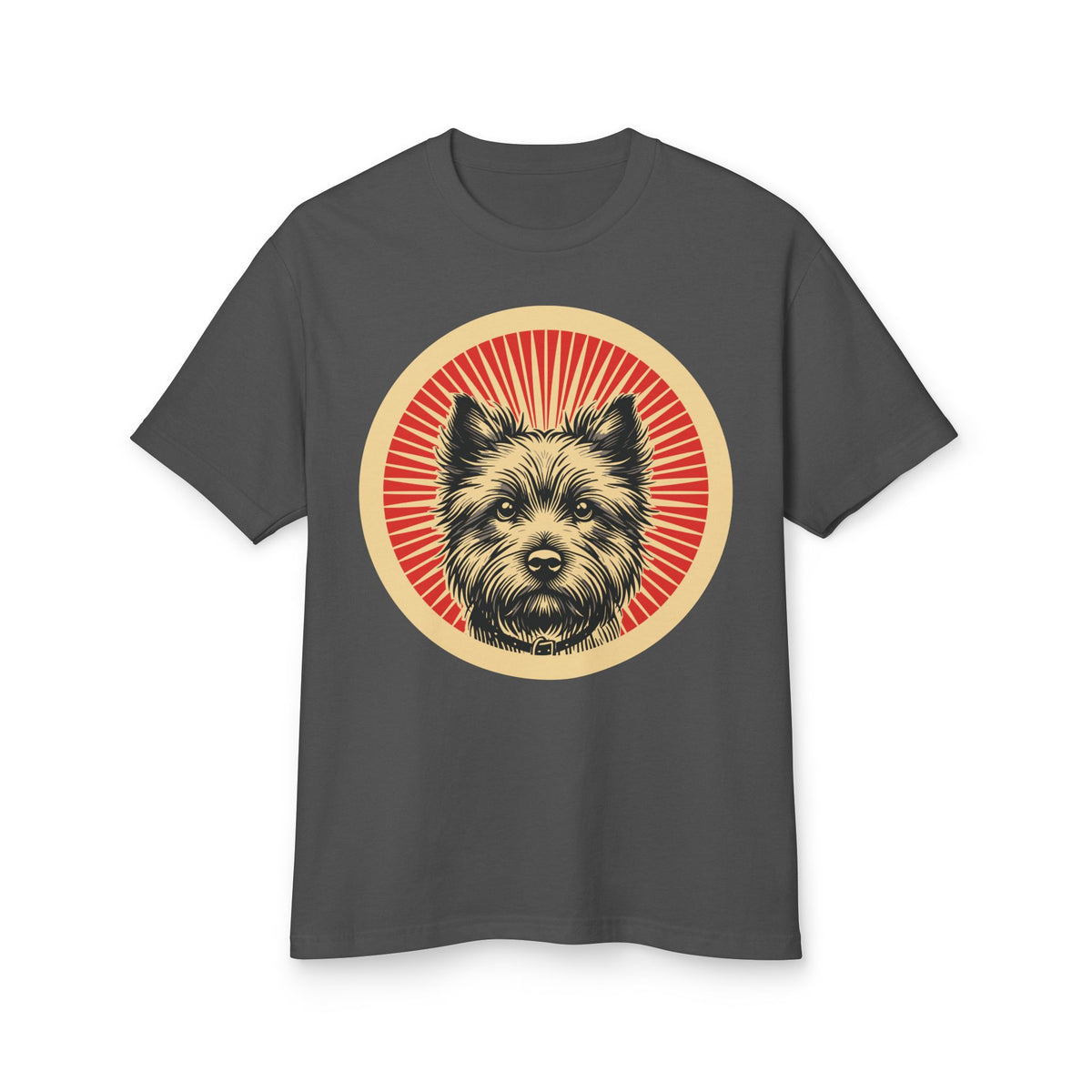 Cairn Terrier badge art in a ring of red rays on a heavyweight tee