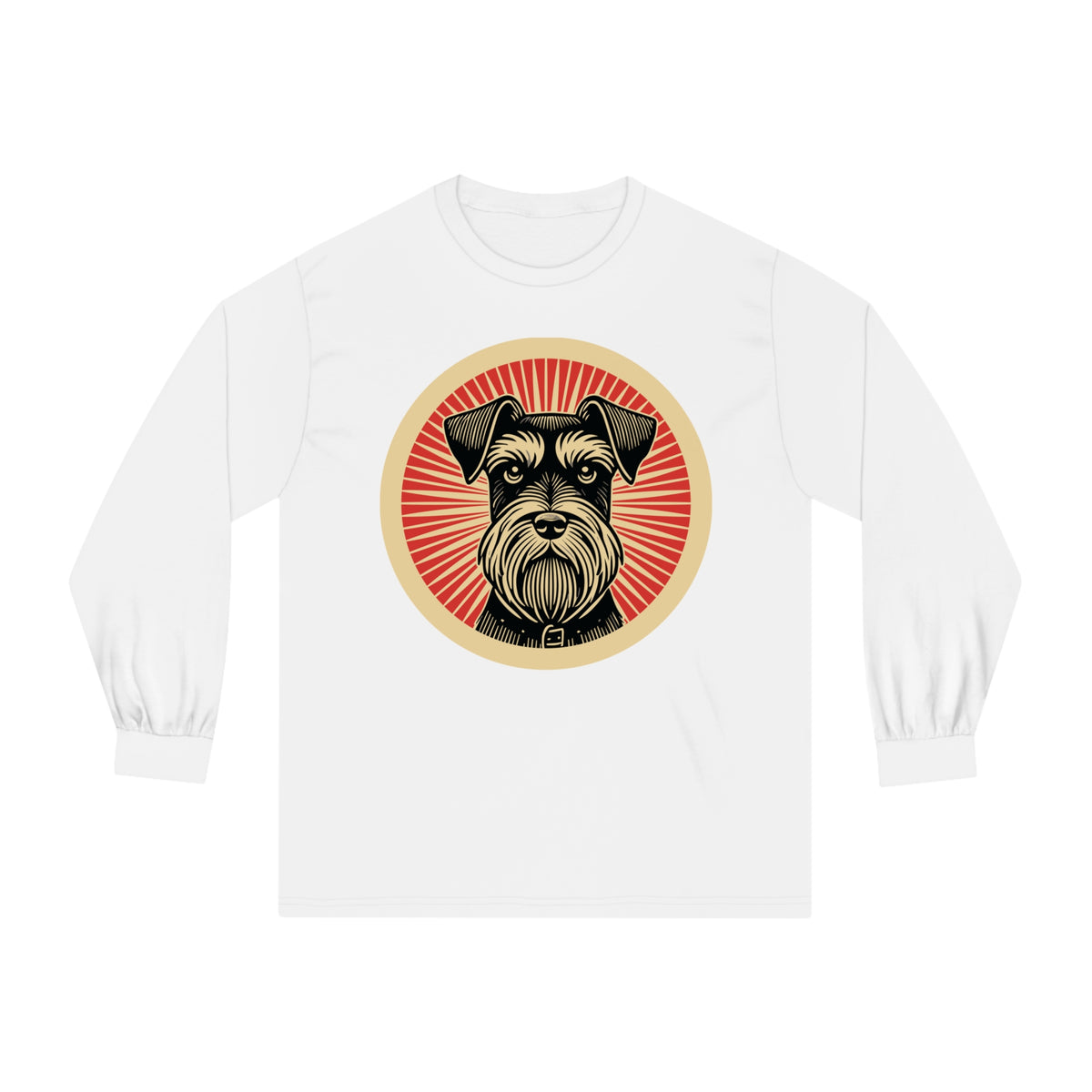Miniature Schnauzer badge art in a ring of red rays on a long-sleeve tee