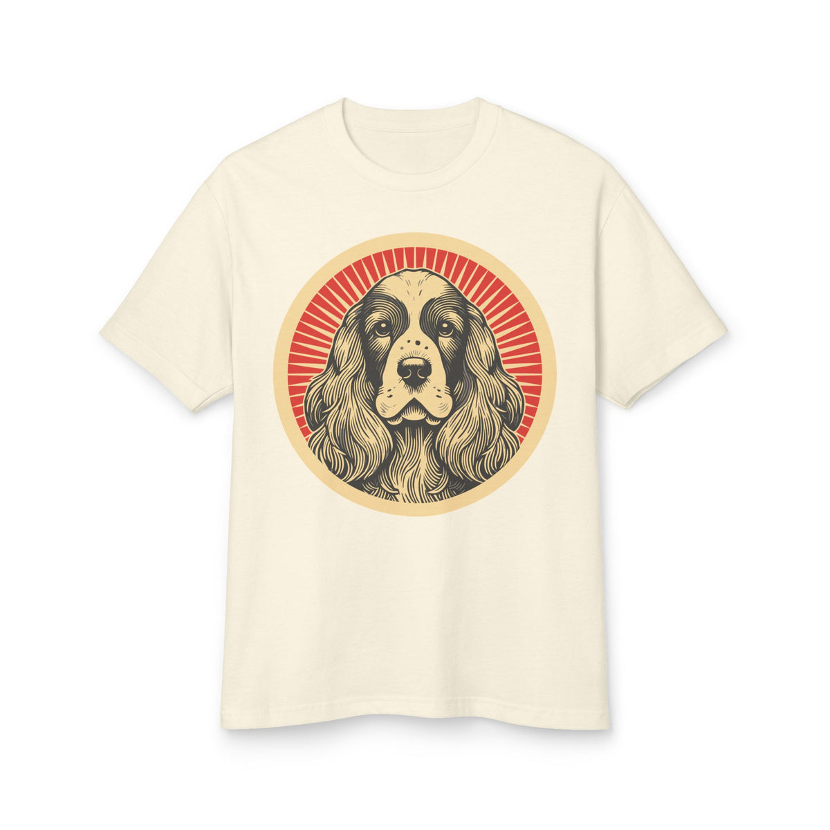 English Cocker Spaniel badge art in a ring of red rays on a heavyweight tee