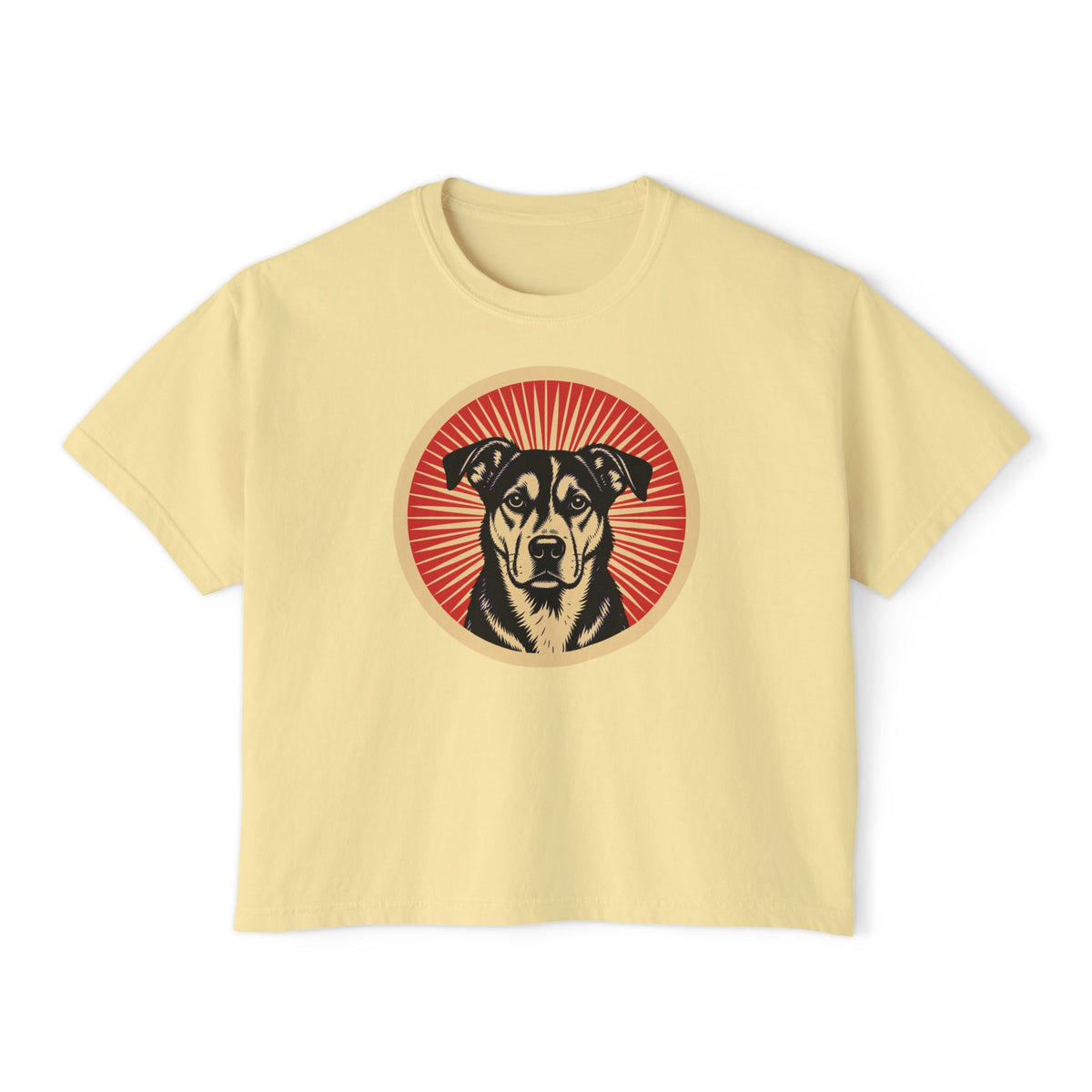 All-American badge art in a ring of red rays on a boxy tee
