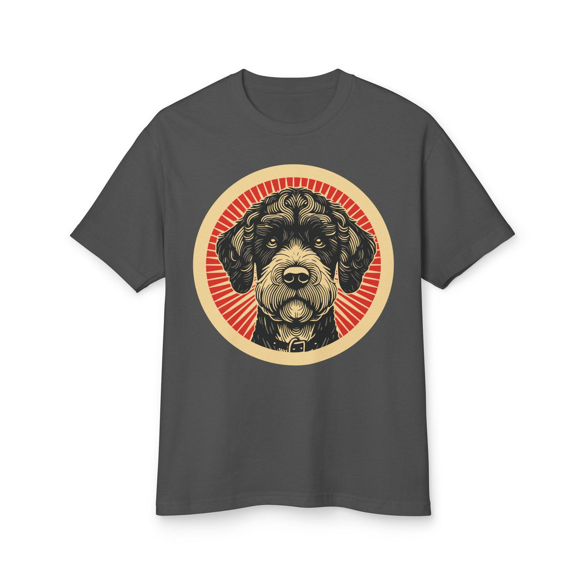 Boxerdoodle badge art in a ring of red rays on a heavyweight tee
