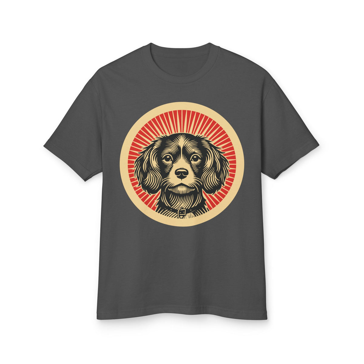 Cavachon badge art in a ring of red rays on a heavyweight tee