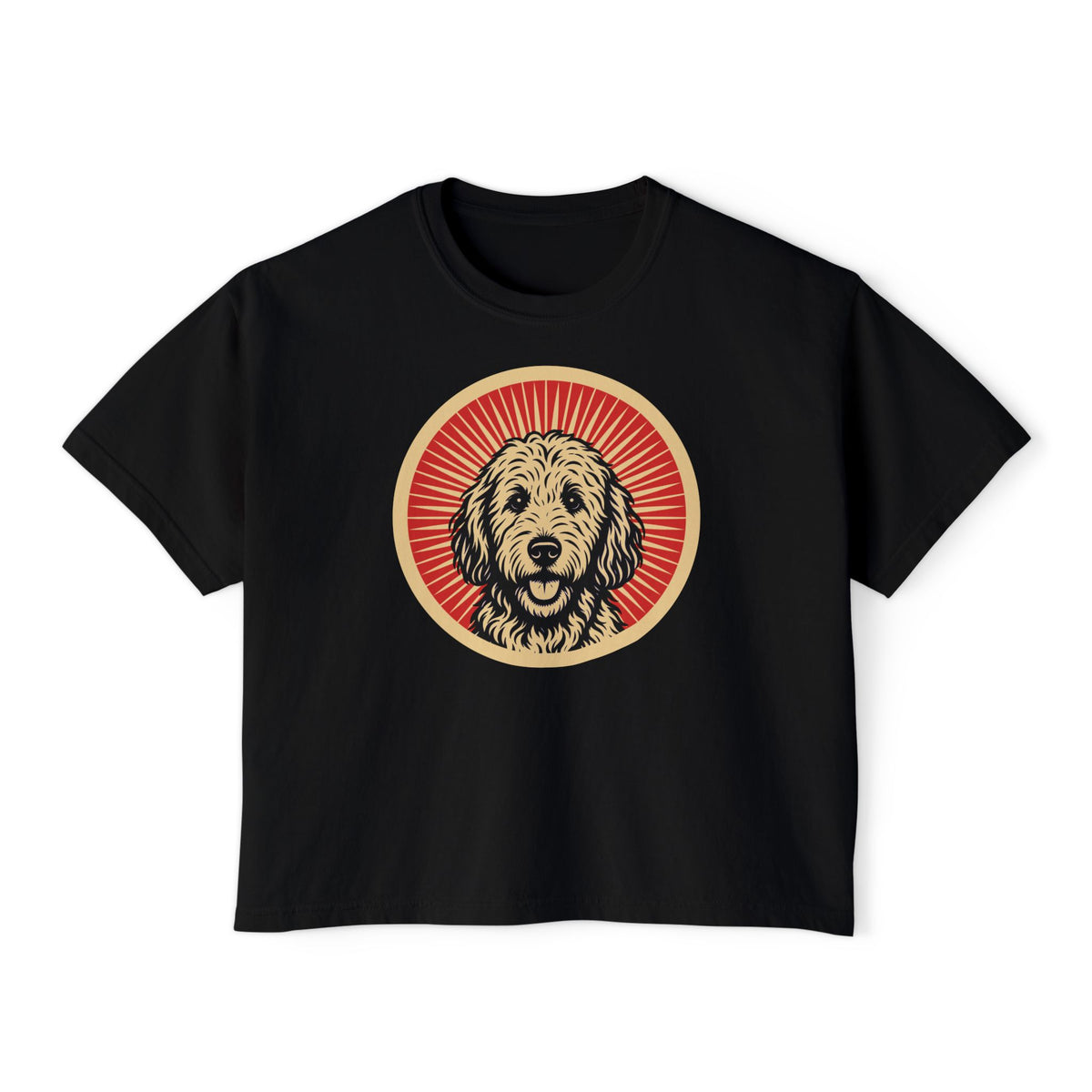 Goldendoodle badge art in a ring of red rays on a boxy tee