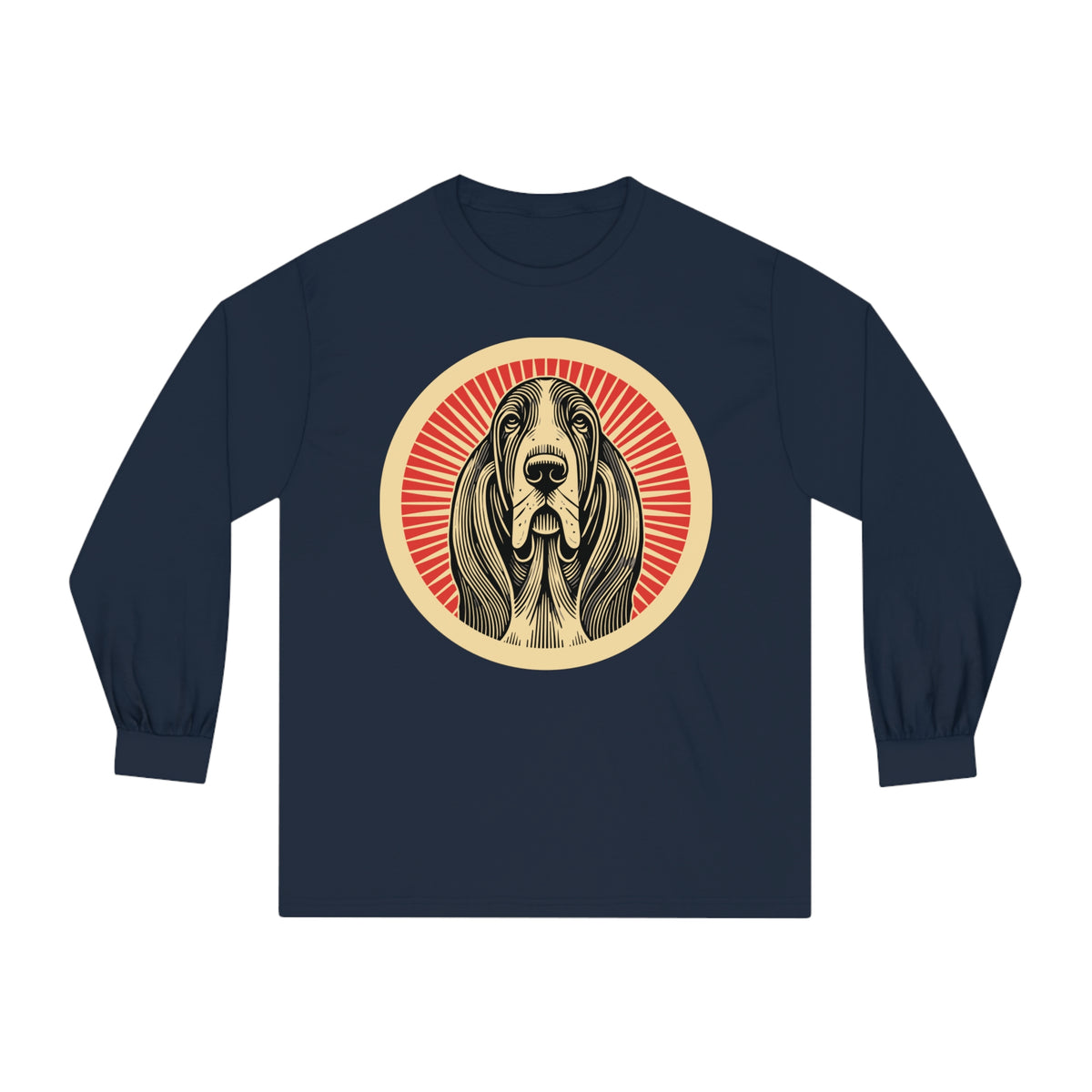 Basset Hound badge art in a ring of red rays on a long-sleeve tee