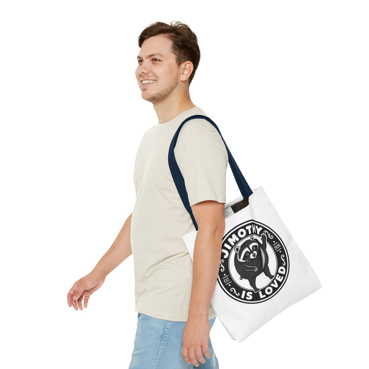 Personalized Raccoon Tote — "Jimothy Is Loved" Graphic Tote Bag