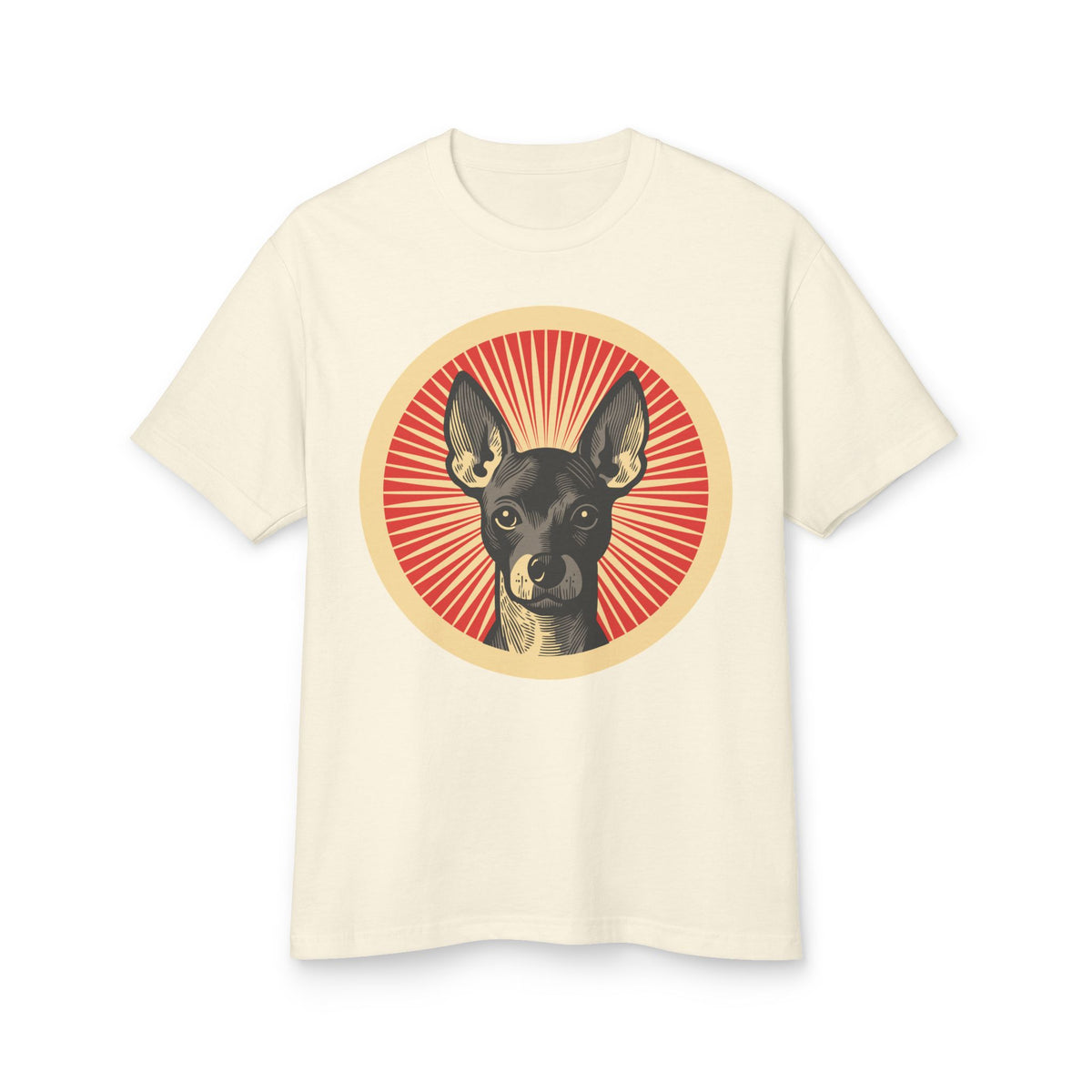 Xoloitzcuintle badge art in a ring of red rays on a heavyweight tee