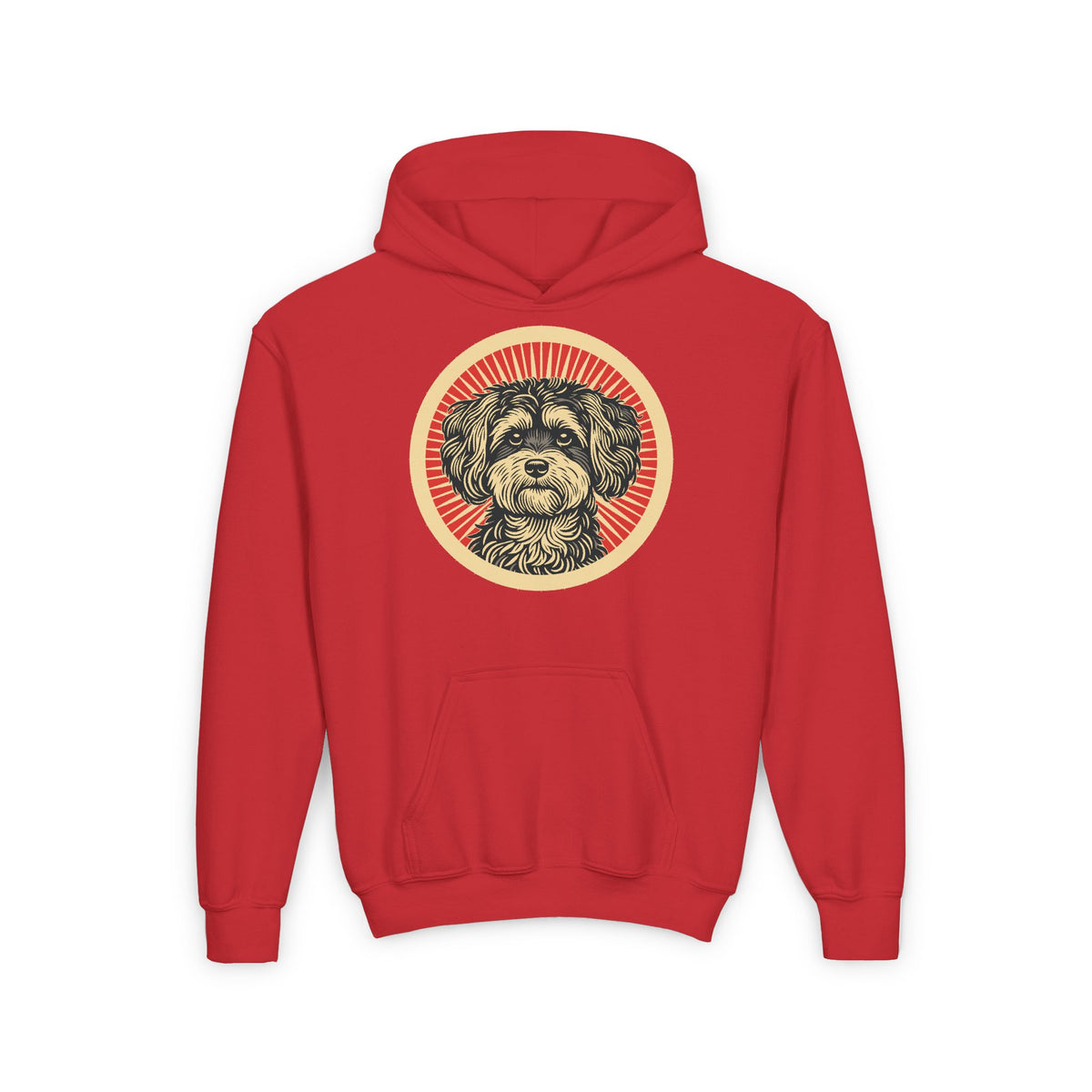 Maltipoo badge art in a ring of red rays on a kids' hoodie