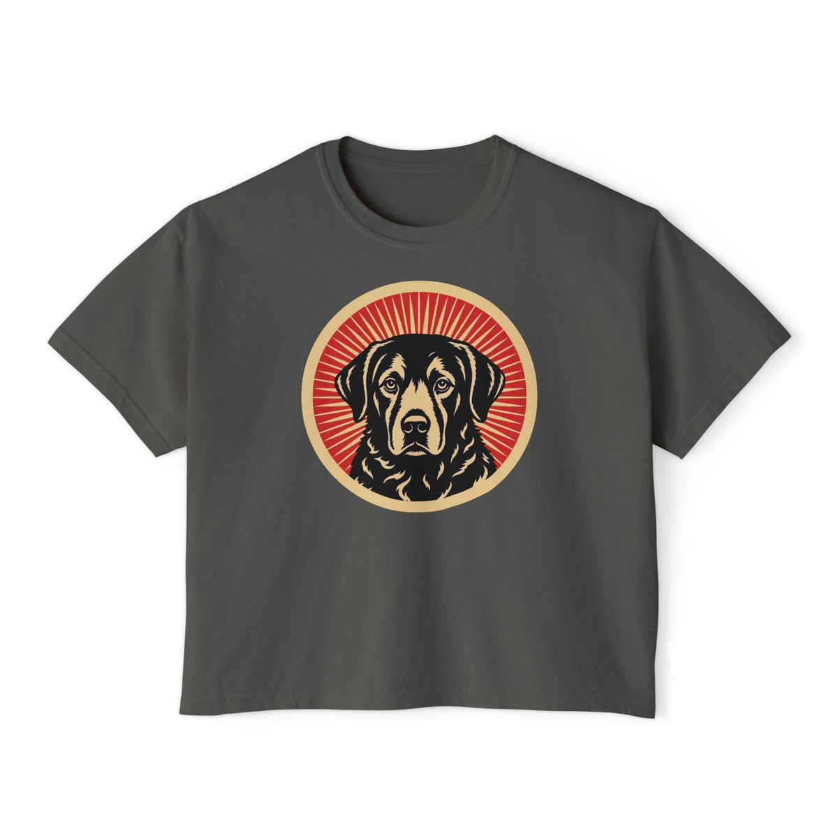 Chesapeake Bay Retriever badge art in a ring of red rays on a boxy tee
