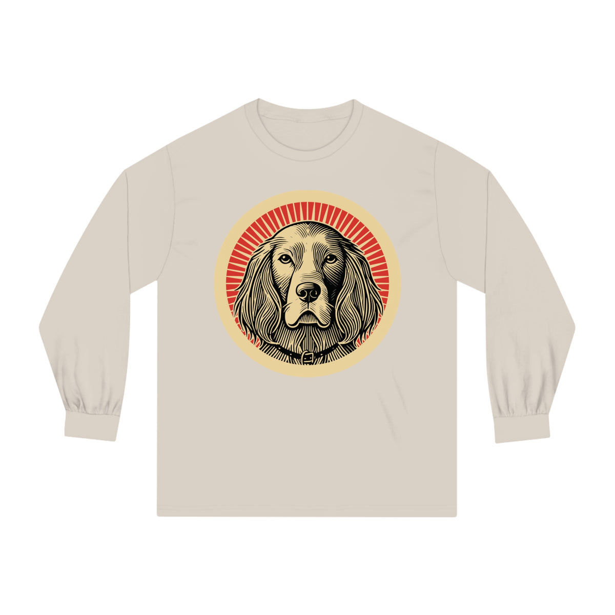 English Setter badge art in a ring of red rays on a long-sleeve tee